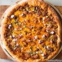 Chili Cheese Pizza With Sweet Chili Sauce, Cheese And Sliced Hot Dogs