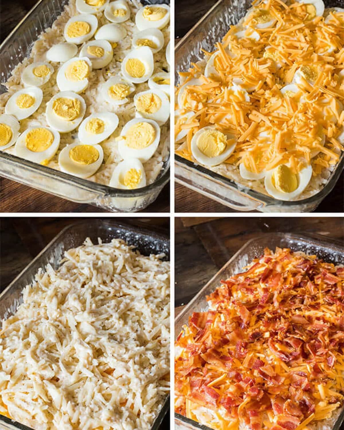 collage of how to make a breakfast casserole with hard boiled eggs