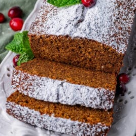 gingerbread loaf on a plate in slices