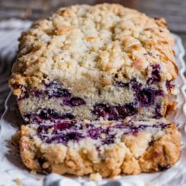 a loaf of blueberry bread sliced