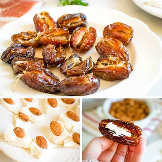 cut dates on a plate with cheese and almond