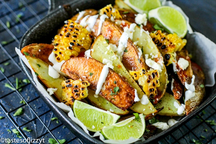 Loaded Mexican Potato Wedges Recipe {with Grilled Corn and Queso}