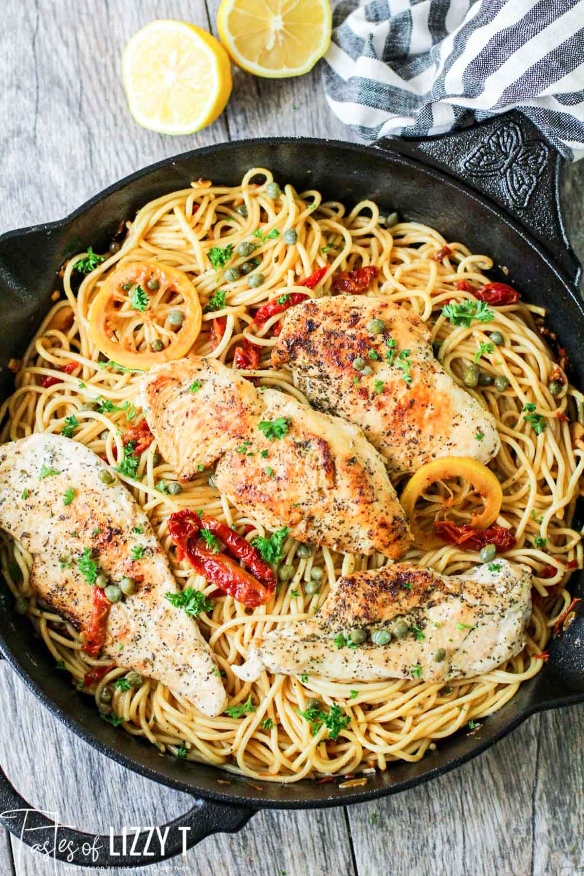 A skillet of pasta and chicken