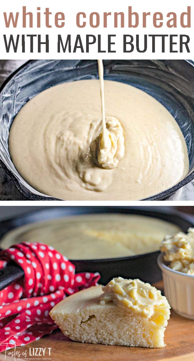 El complemento perfecto para cualquier cena. El pan de maíz Blanco casero en sartén con mantequilla de arce batida dulce es la mejor comida reconfortante fácil. #pan de maíz # pan # sartén # casero a través de @tastesoflizzyt