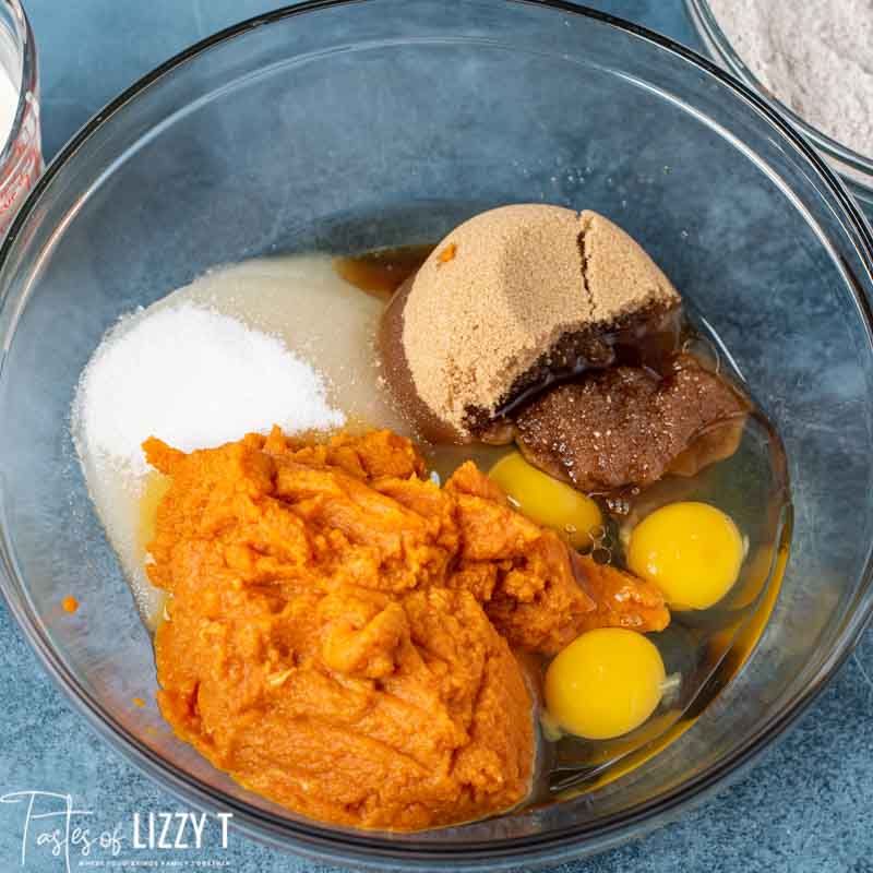 wet ingredients for pumpkin bread in mixing bowl