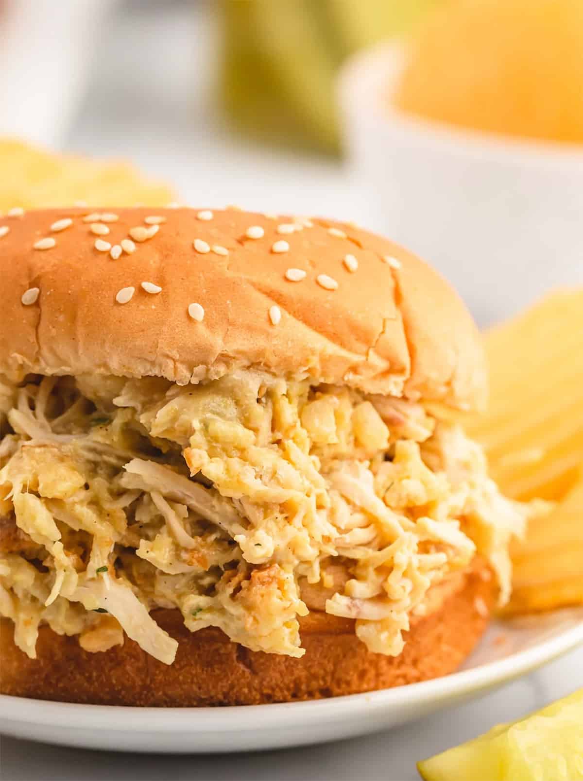 closeup of ohio shredded chicken sandwich on a bun