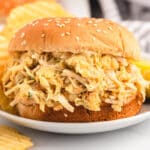 a shredded chicken sandwich on a plate with chips