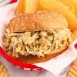 shredded chicken sandwich in a basket