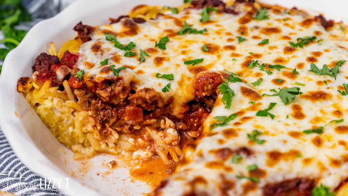 Baked Spaghetti Pie Casserole Recipe| Tastes of Lizzy T