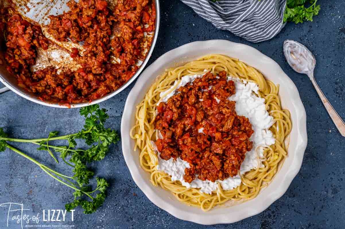 beef spaghetti sauce over a spaghetti casserole