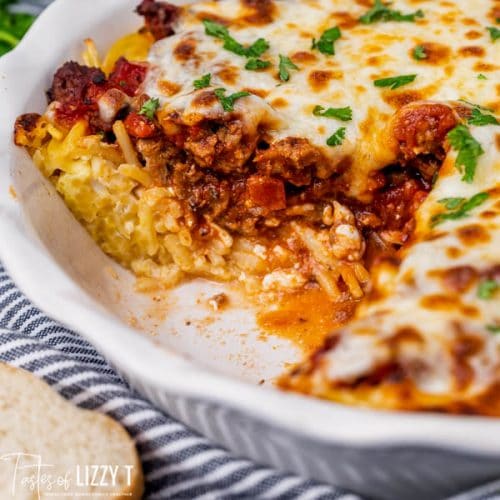 Baked Spaghetti Pie Casserole Recipe| Tastes of Lizzy T