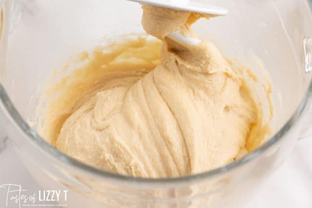 dough in a bowl with a dough hook