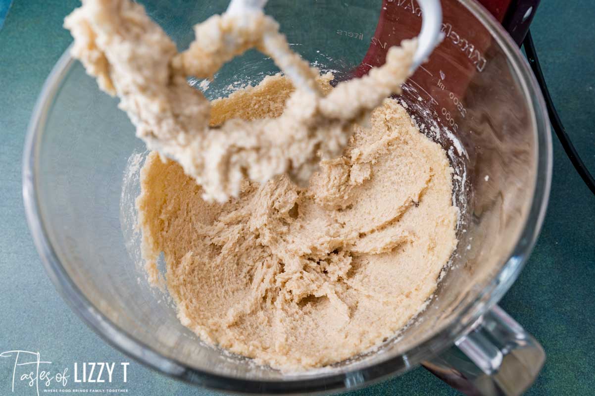 creamed butter and shortening in a mixing bowl