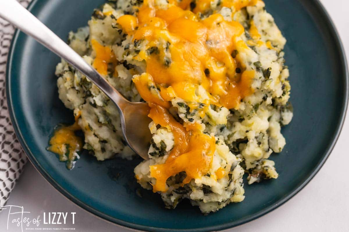 a plate full of spinach mashed potatoes with a fork