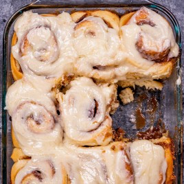 overhead view of cinnamon rolls in a pan