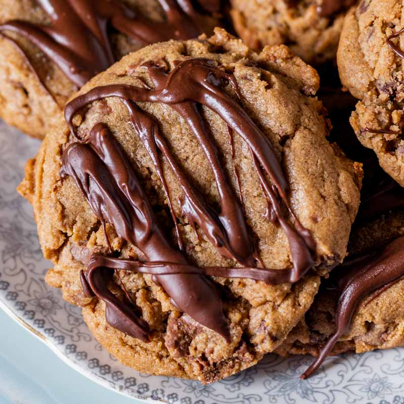 closeup of a chocolate drizzled cookie