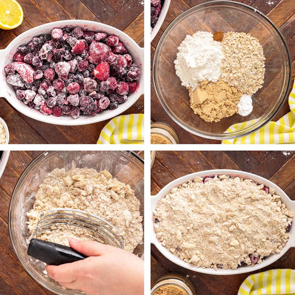 collage of how to make berry crisp with frozen berries