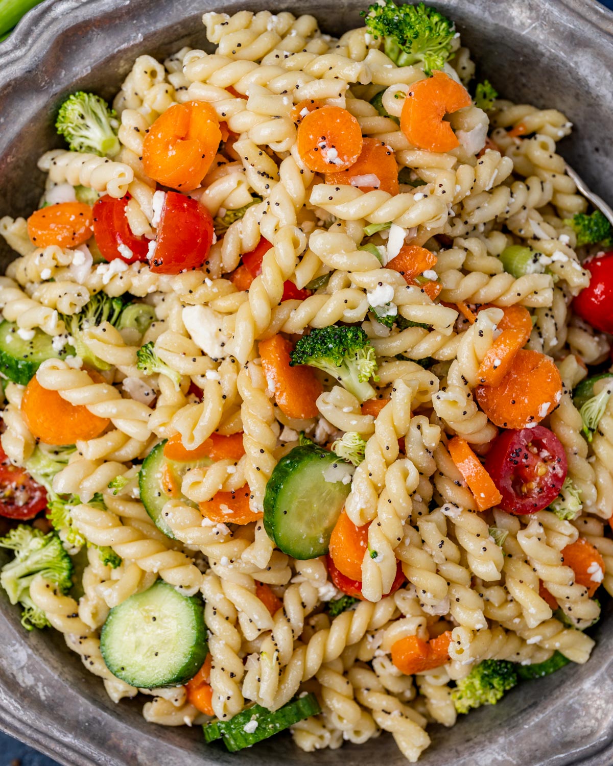 poppy seed pasta salad with feta in a bowl