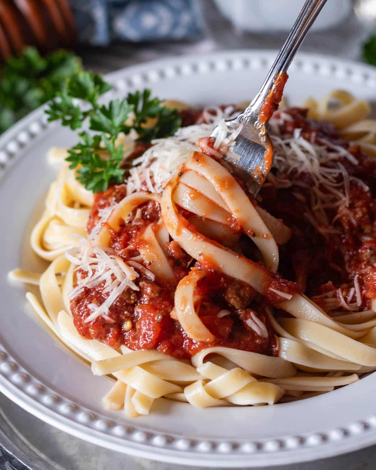 spaghetti swirled on a fork