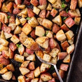 overhead view of roasted red potatoes