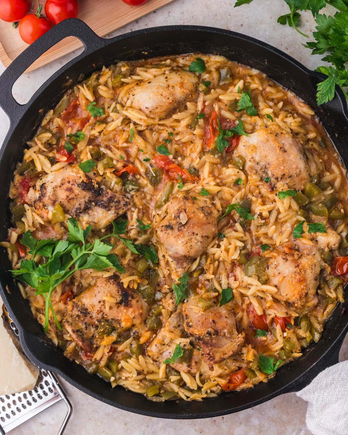 baked chicken and orzo skillet dinner