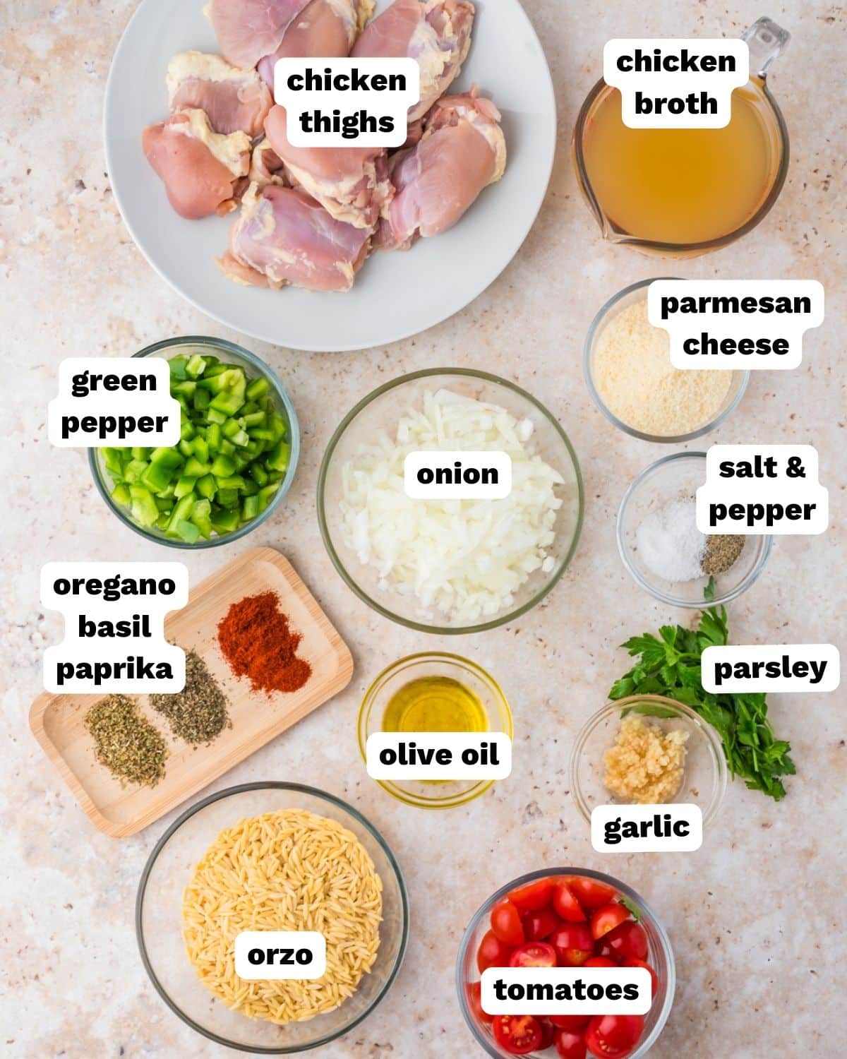 ingredients for chicken and orzo recipe on a table
