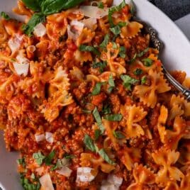 closeup of a sausage pasta dish on a plate