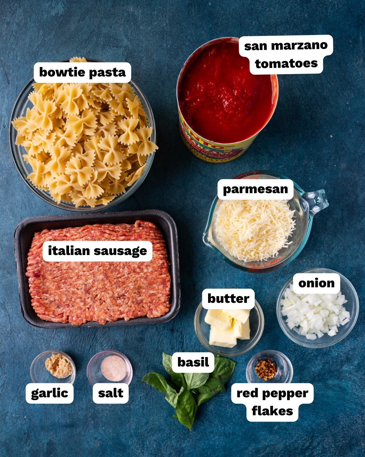 ingredients for bowtie pasta on a table