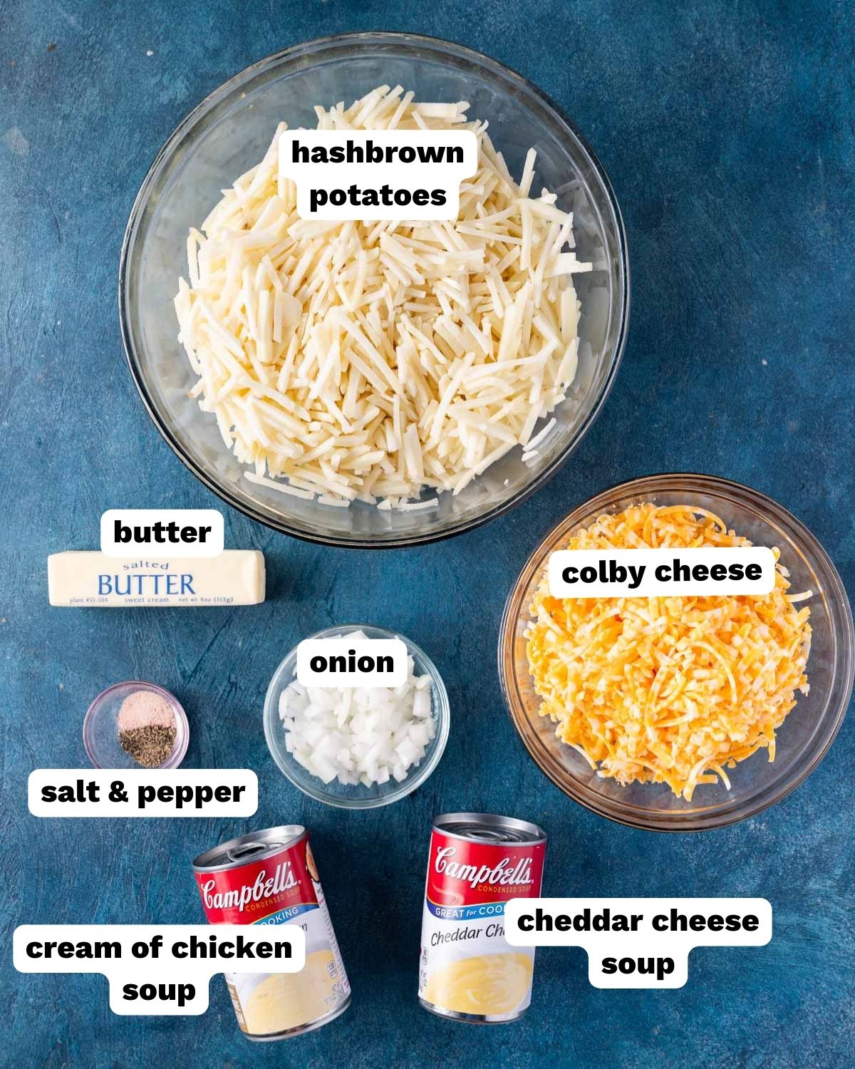 ingredients for hashbrown casserole on a table