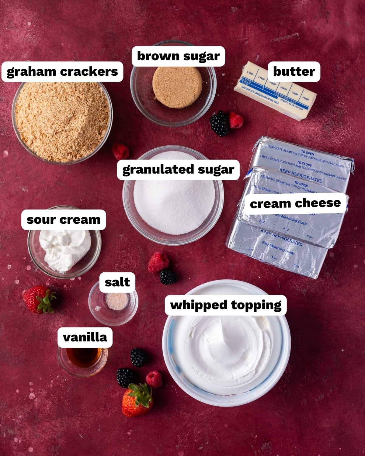 ingredients for no bake cheesecake on a table