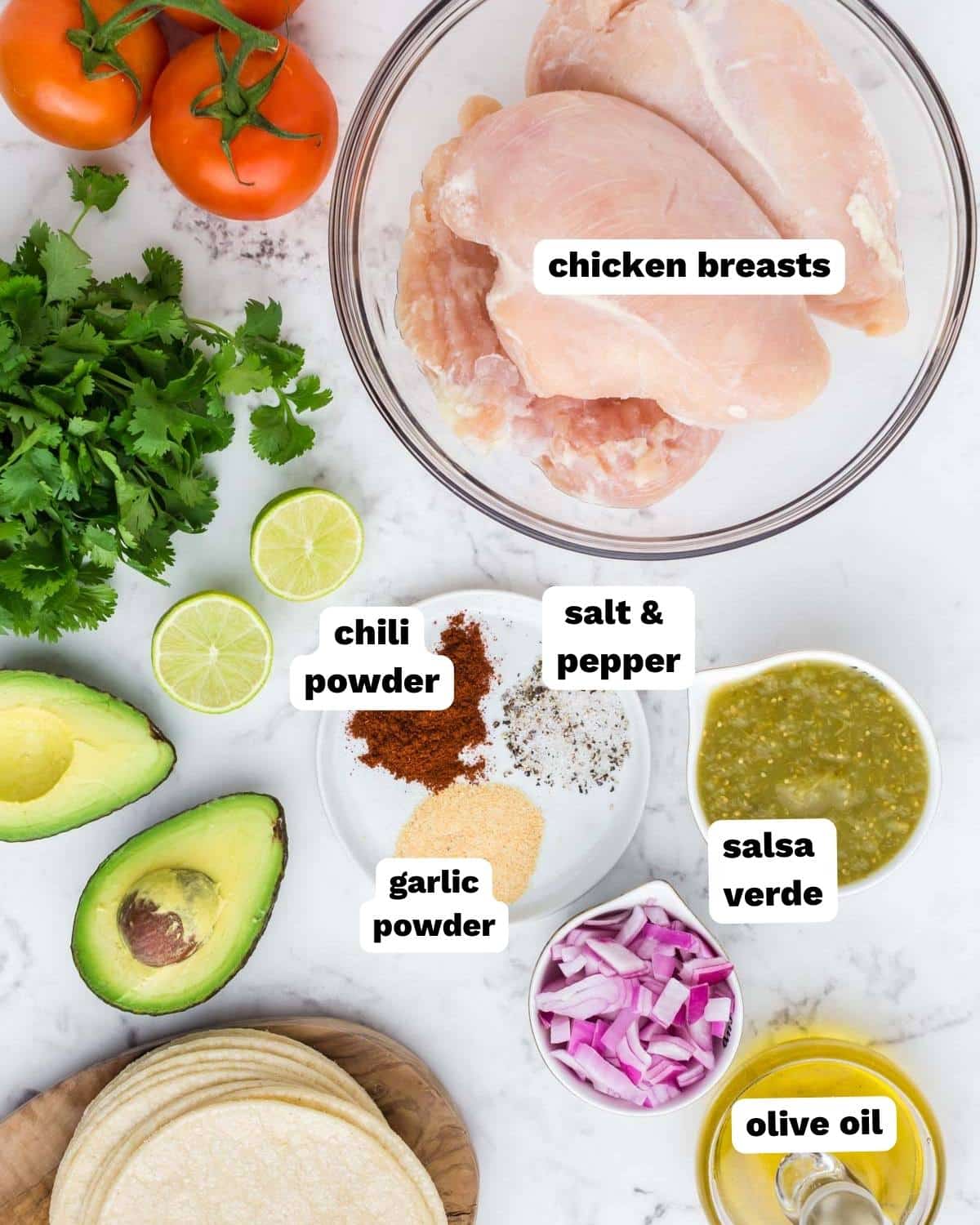 ingredients for salsa verde tacos on a table
