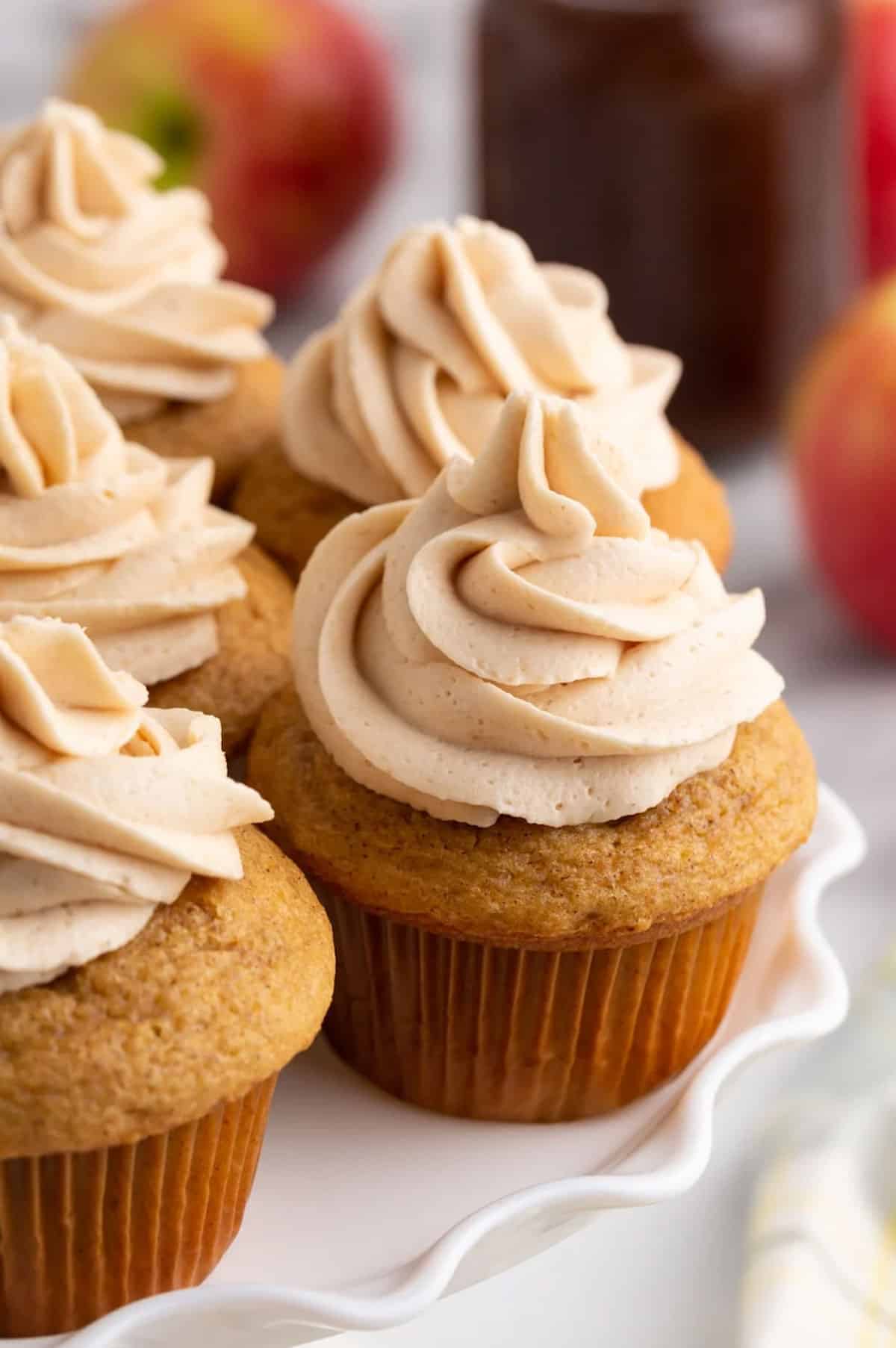 apple butter cupcakes on a cake plate
