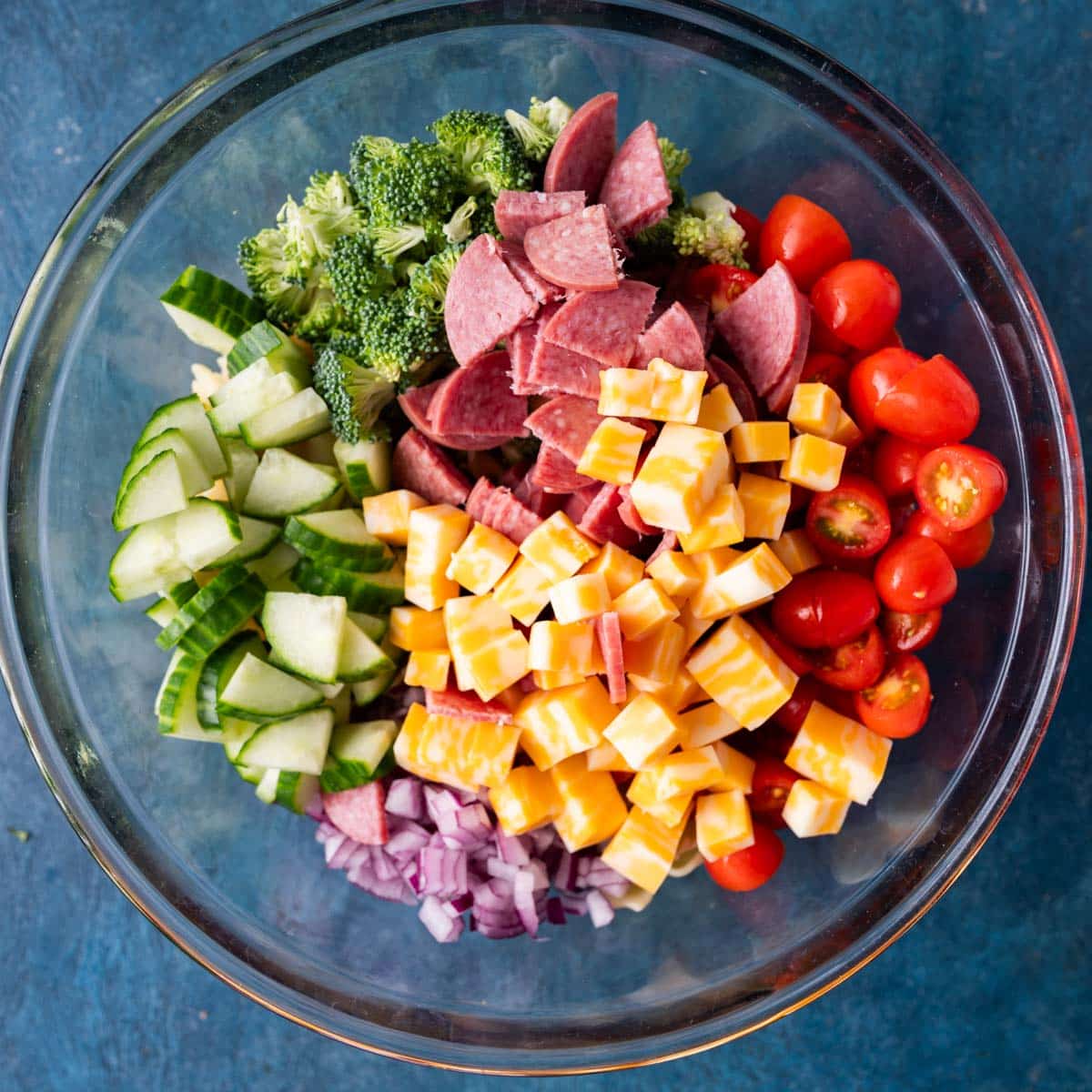 ingredients for pasta salad in a bowl