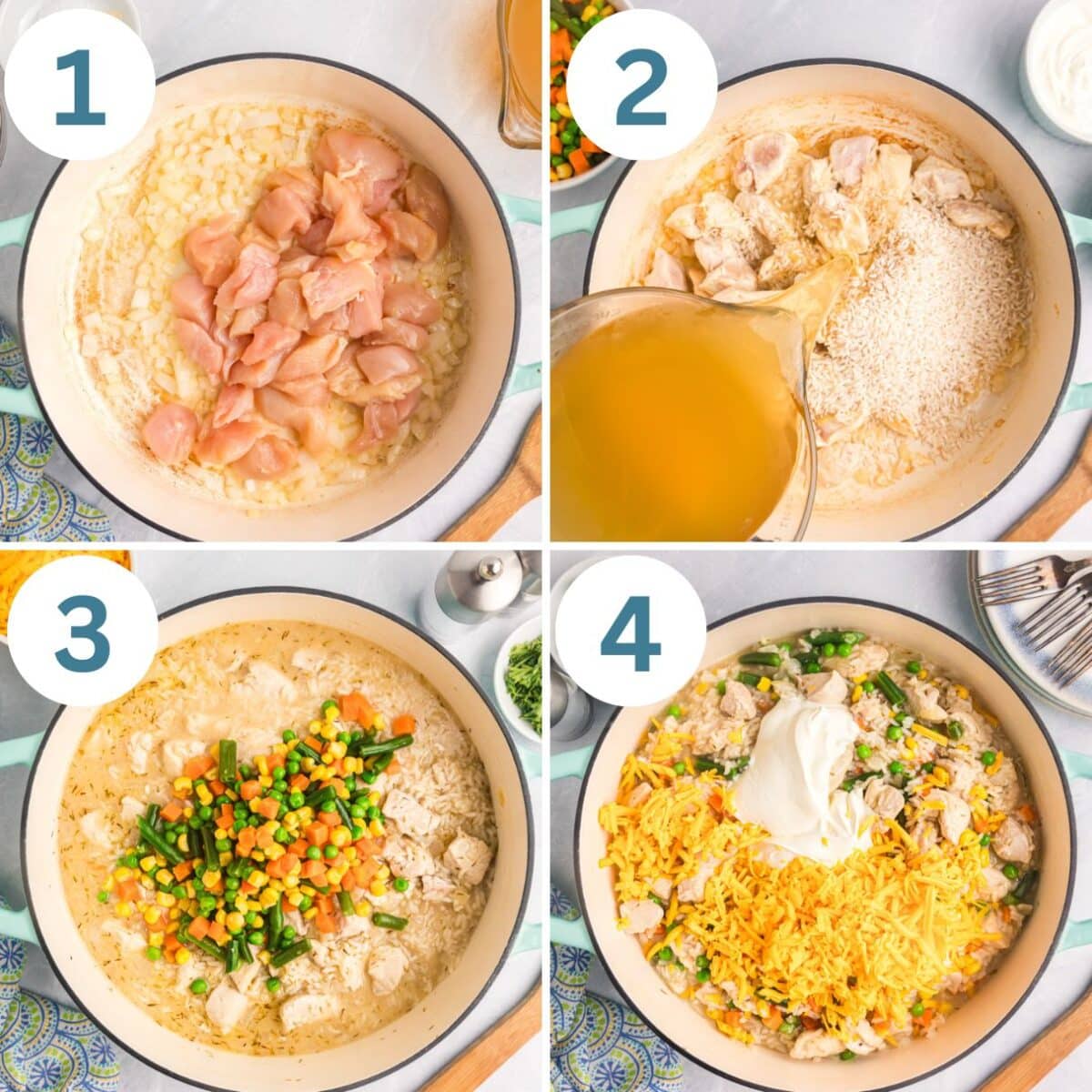 Collage of how to make creamy chicken and rice in a skillet