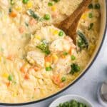 Creamy chicken and rice with veggies in a skillet with a spoon
