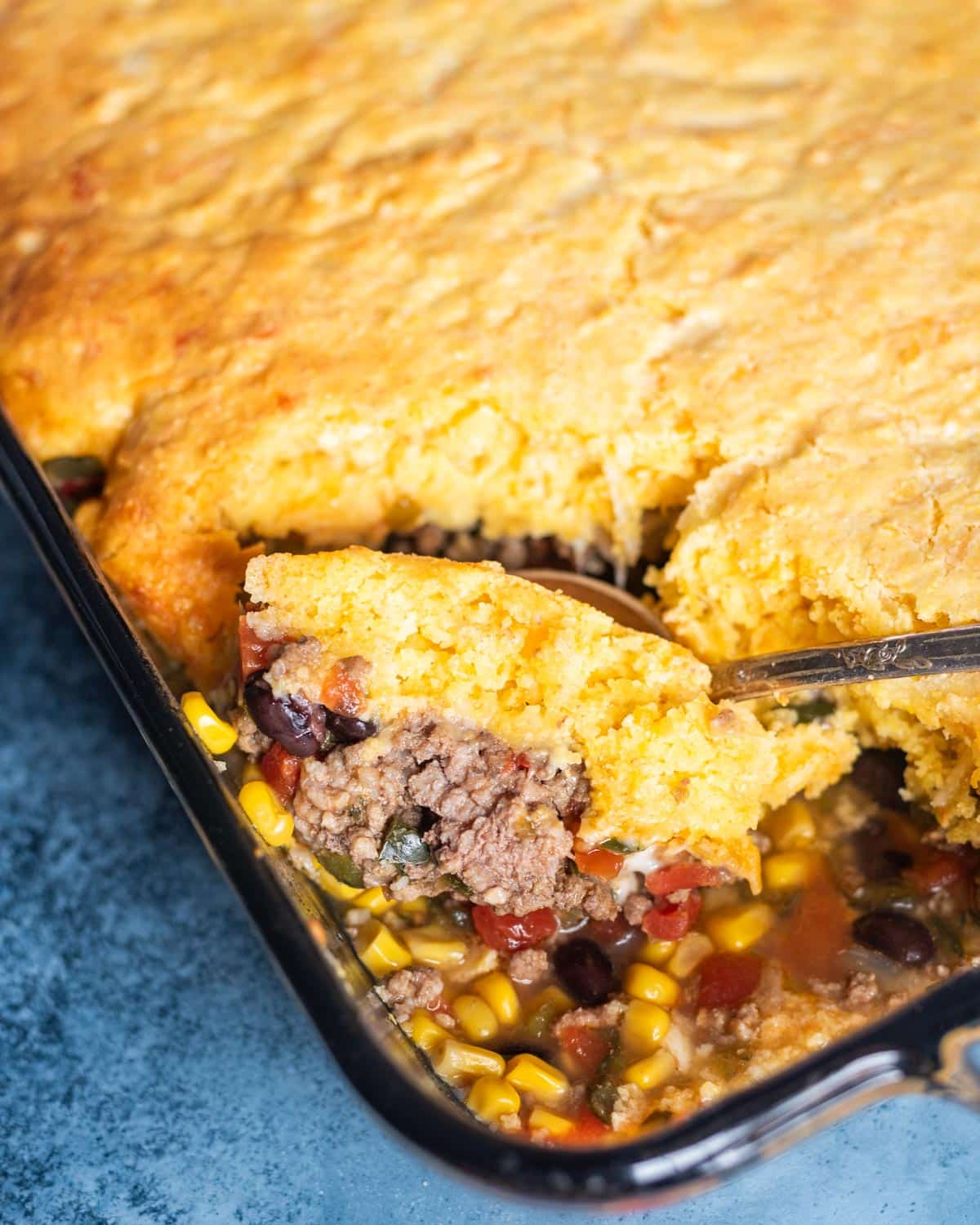 closeup of tamale pie with ground beef