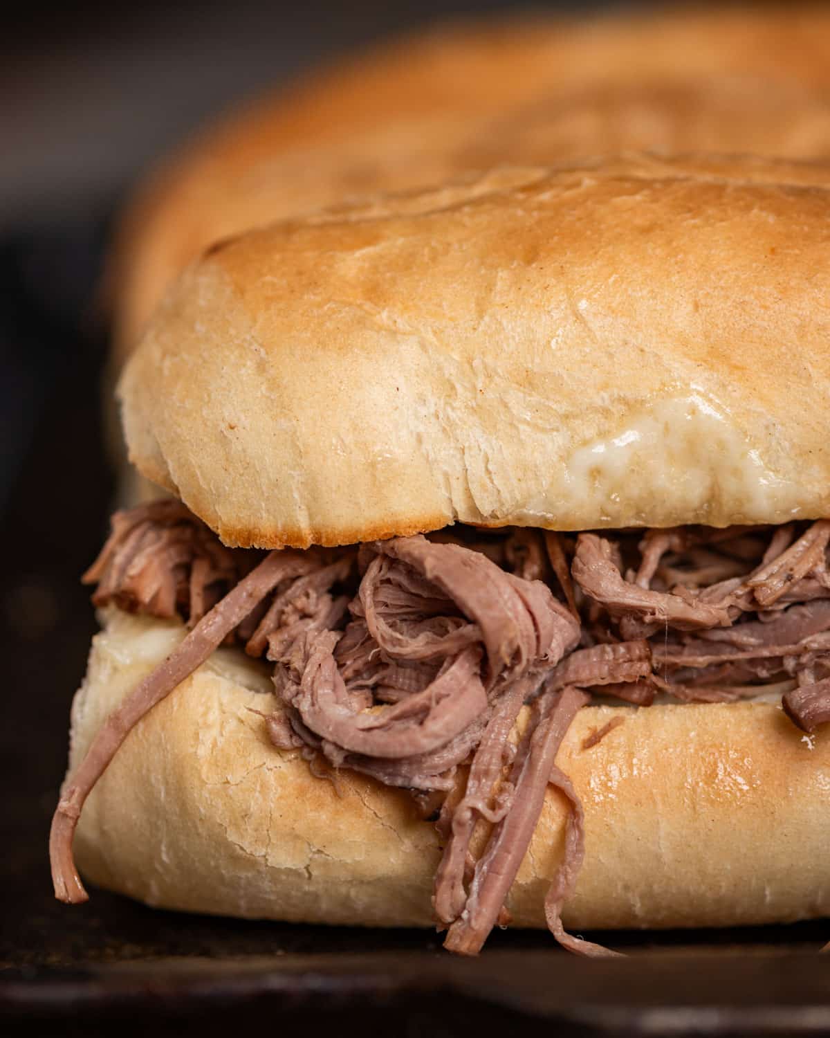 closeup of a roast beef sandwich