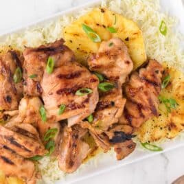 overhead view of hawaiian bbq chicken on a plate