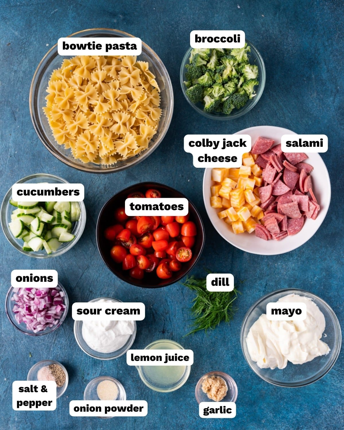 ingredients for bowtie pasta on a table