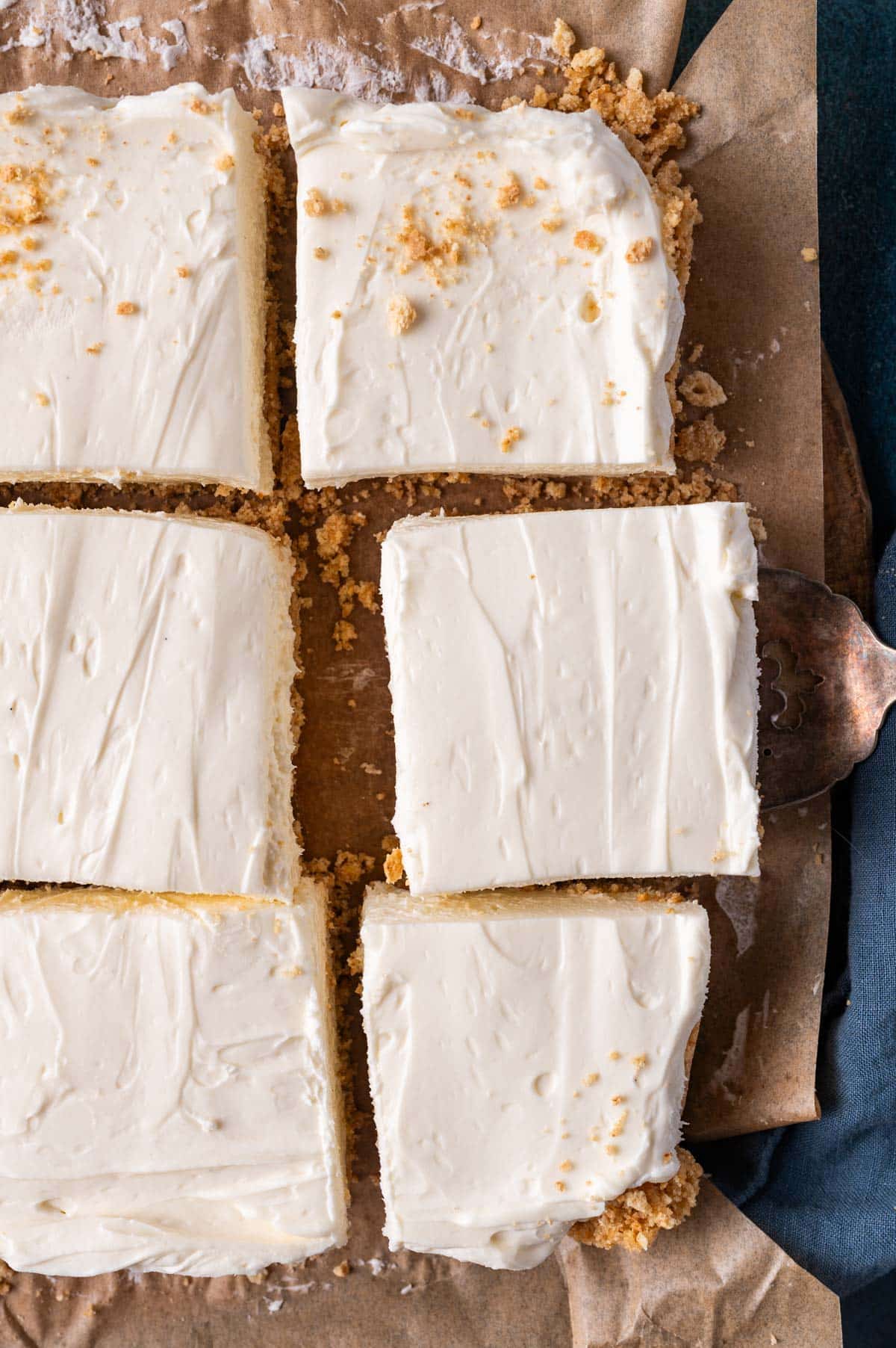 overhead view of sliced cheesecake bars