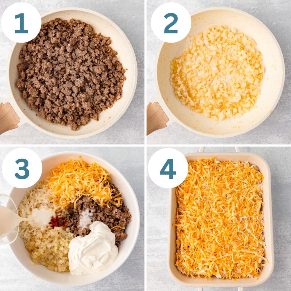 collage of how to make sausage hash brown casserole