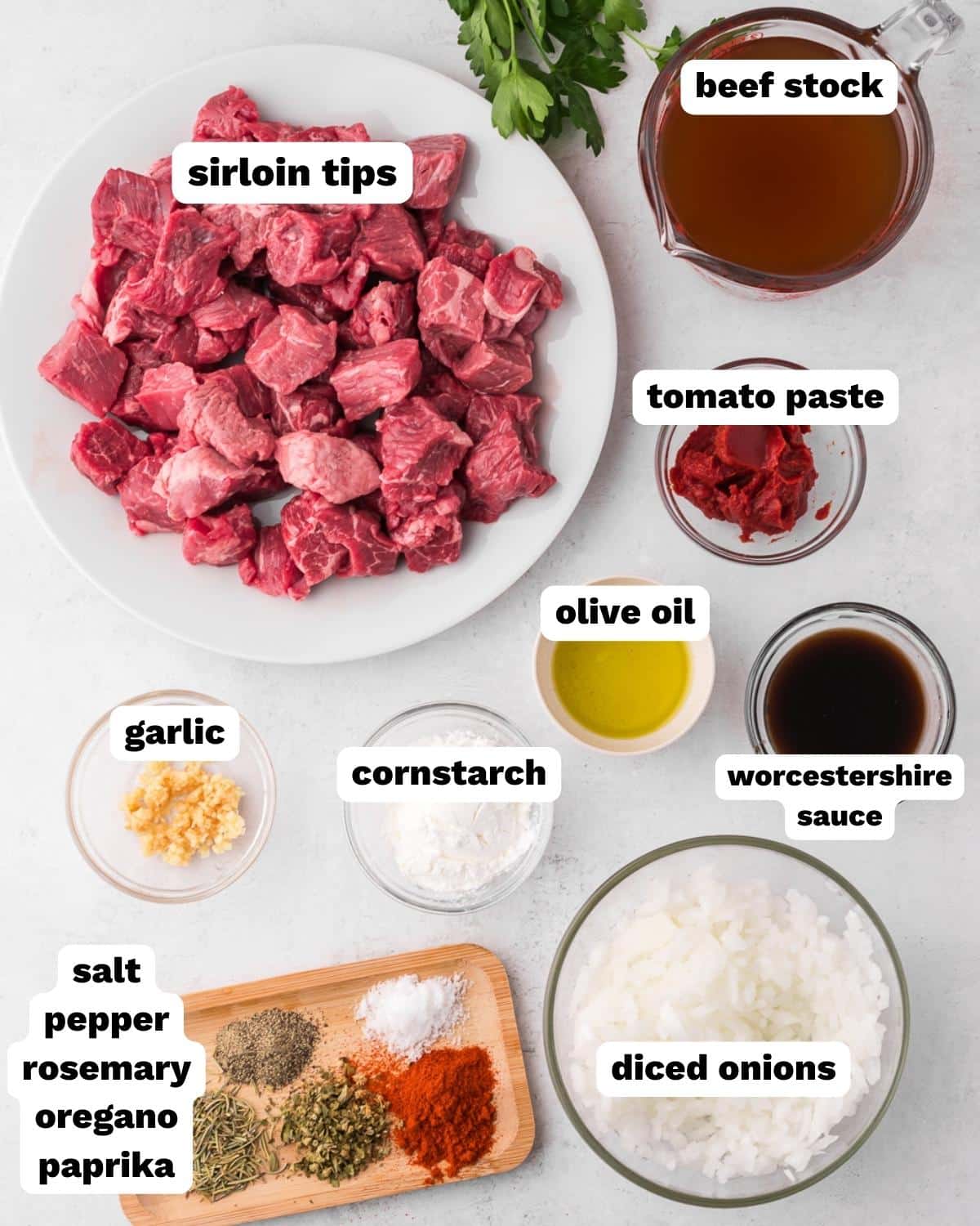 ingredients for beef tips and gravy on a table