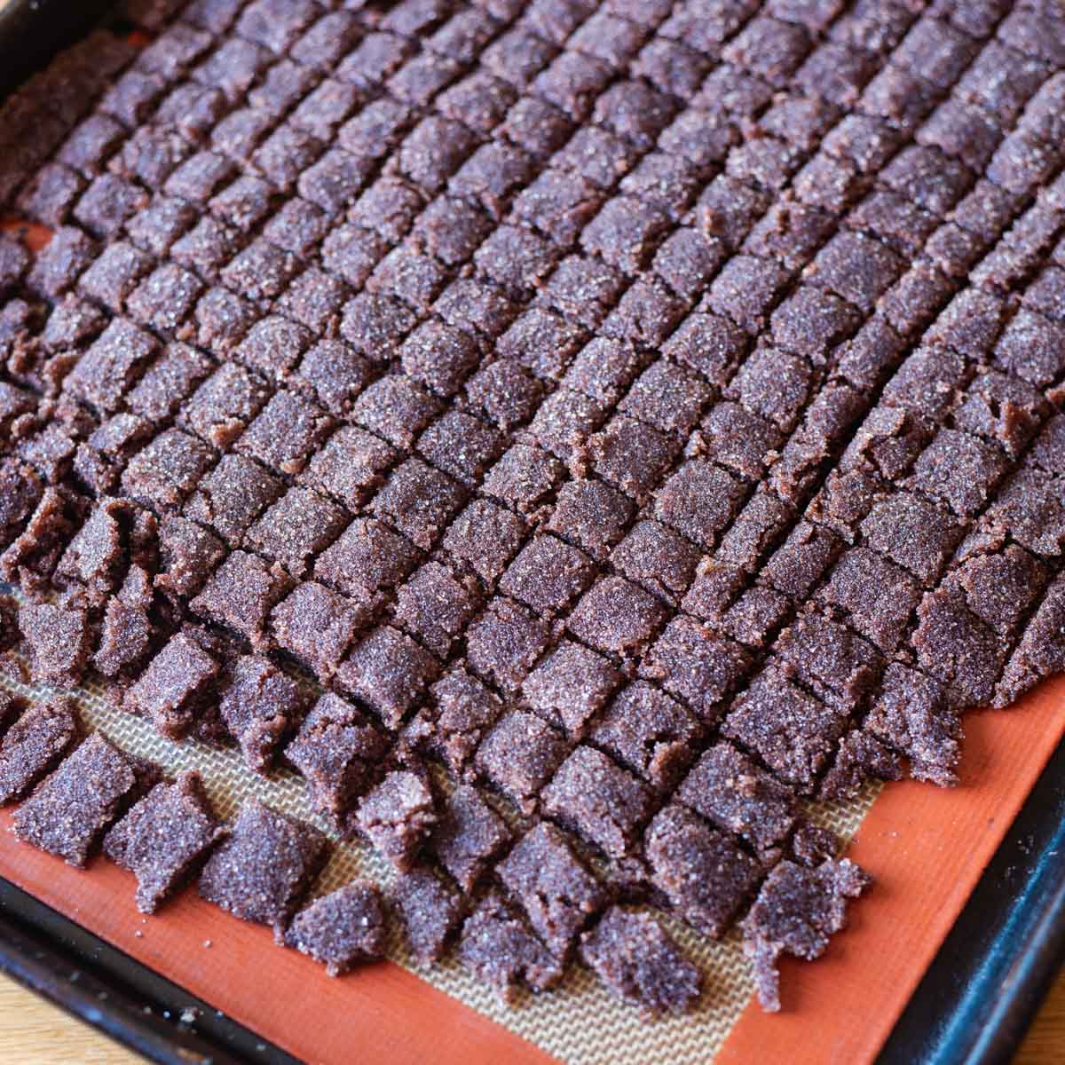 homemade cinnamon chips cut in squares on a baking pan