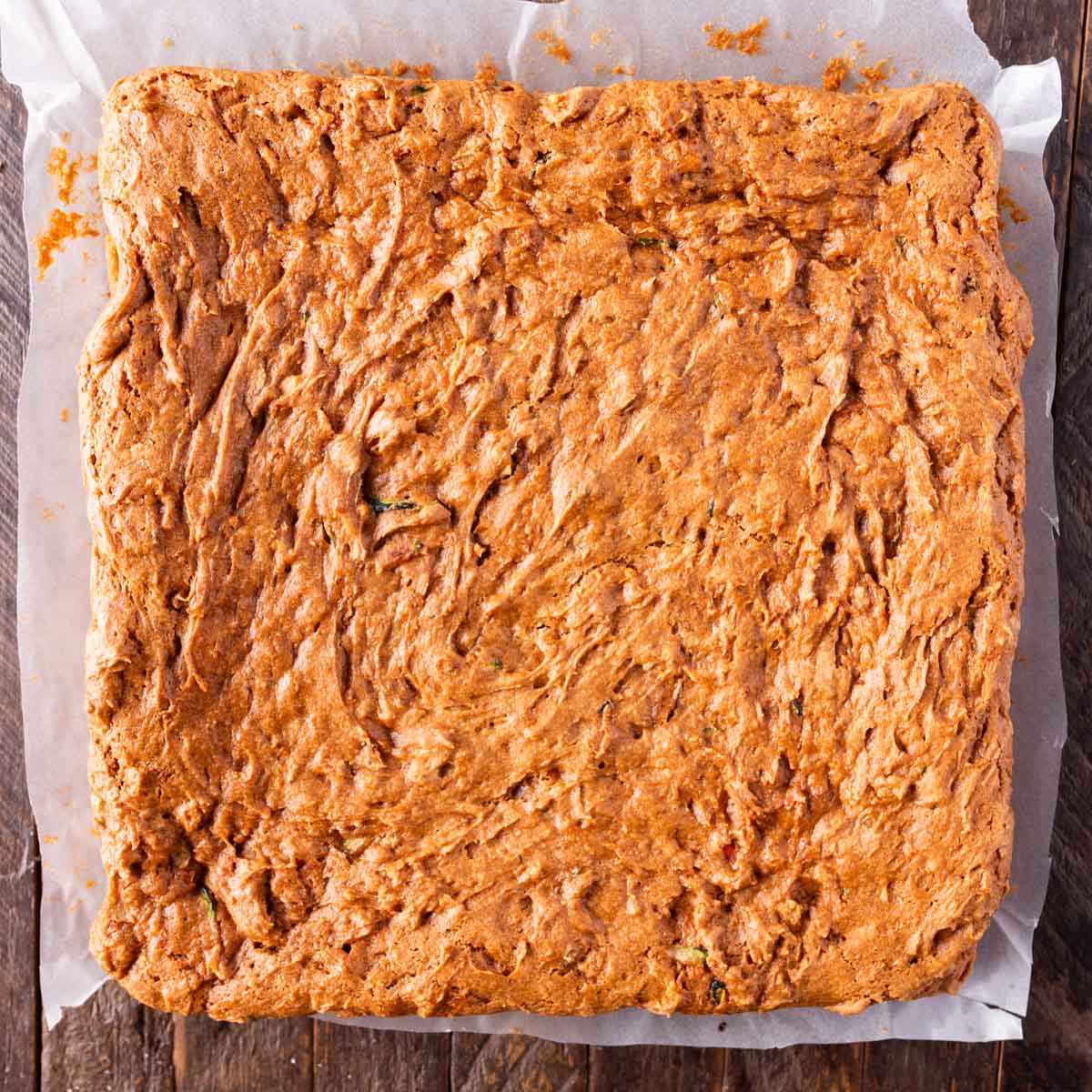 overhead view of unfrosted zucchini bars with cake mix