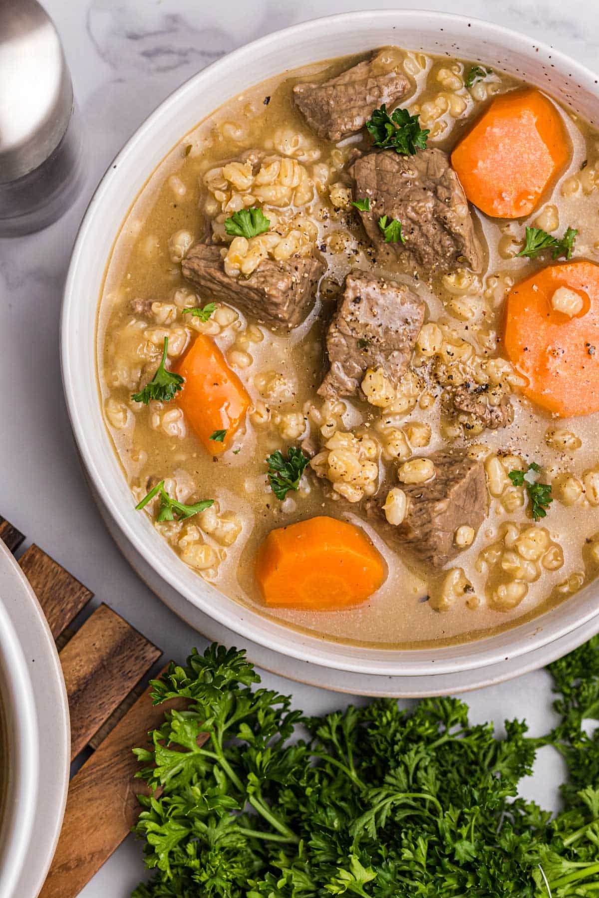 a bowl of soup with beef and barley