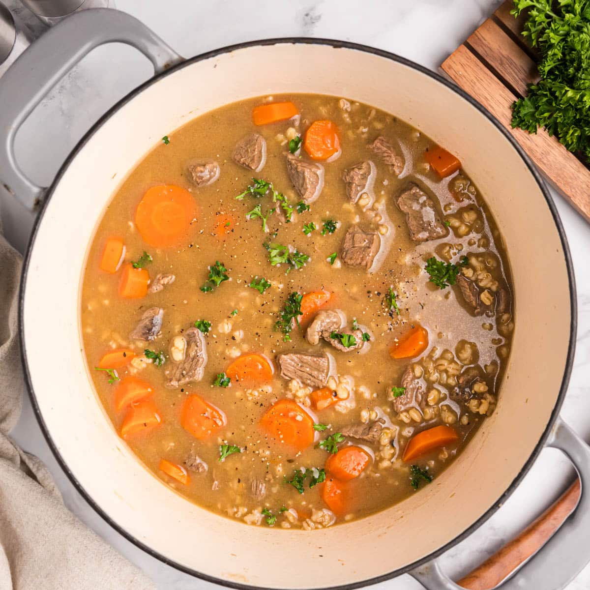 overhead view of beef barley soup