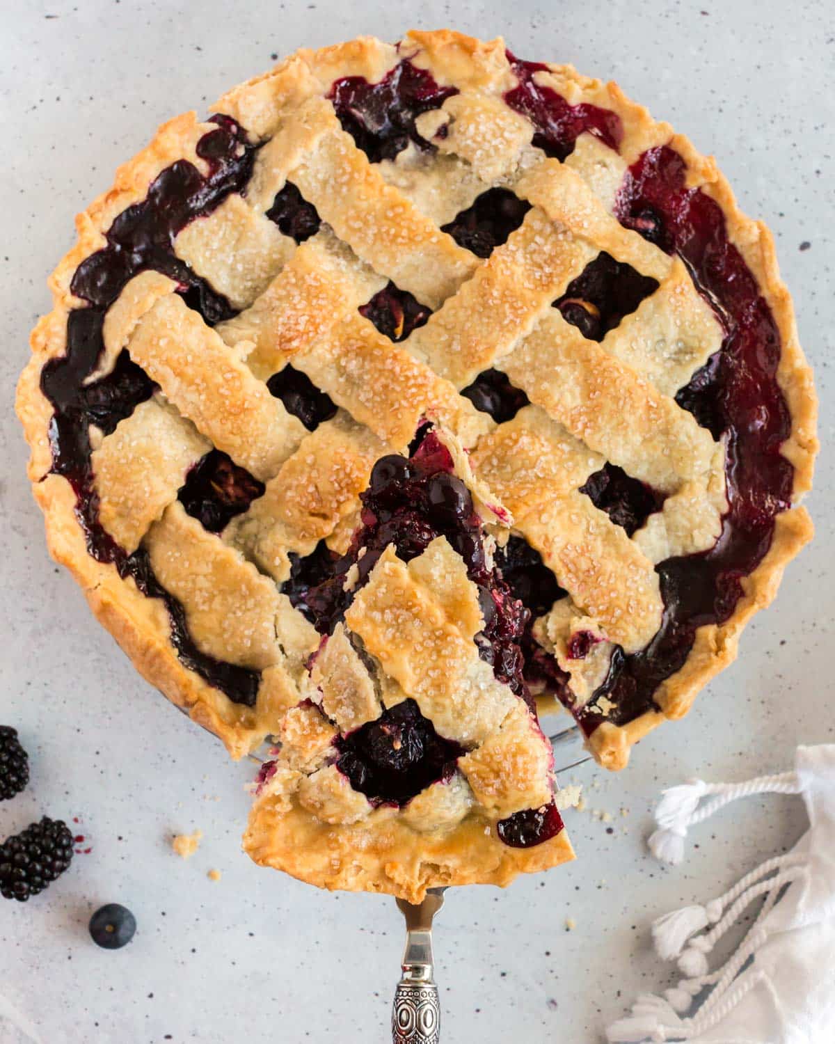 overhead view of blueberry blackberry pie