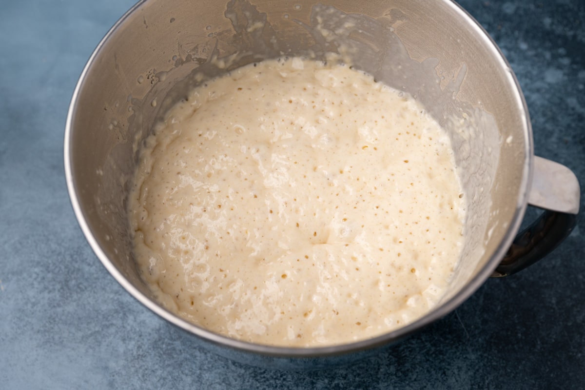 bubbly wet dough in a metal bowl