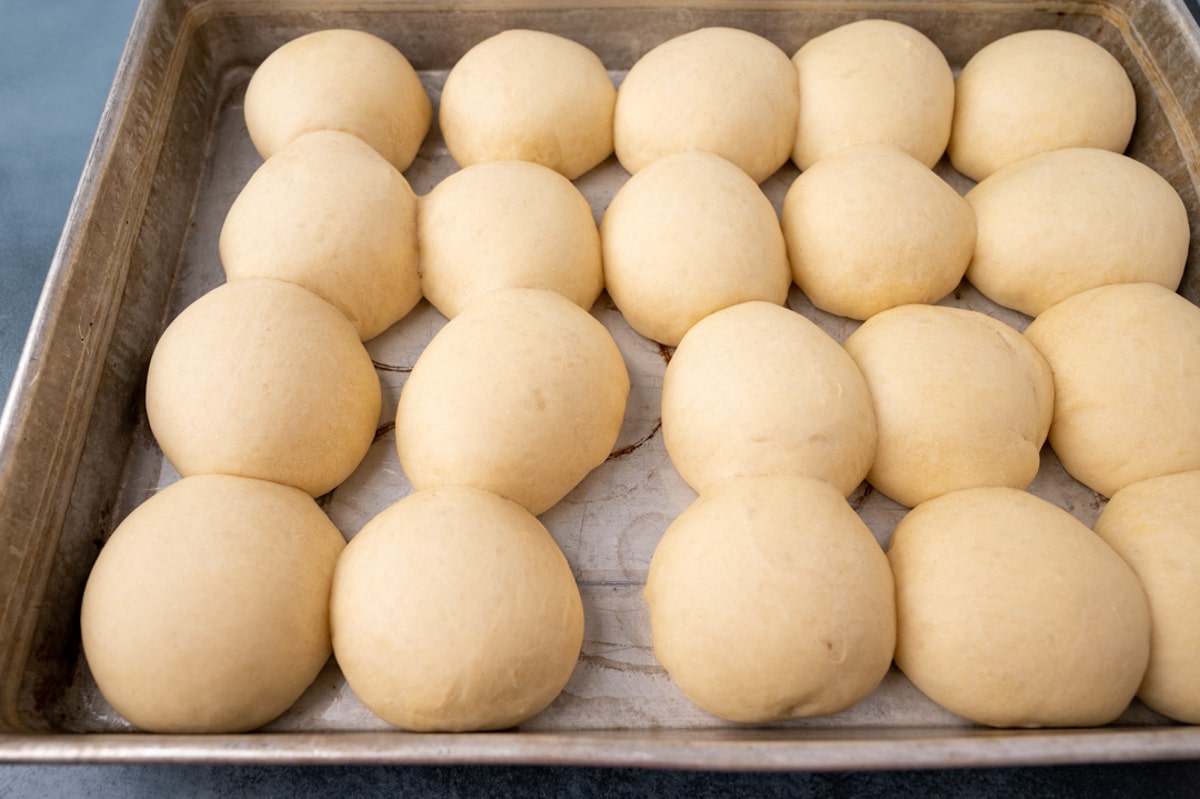 unbaked rolls in a baking pan