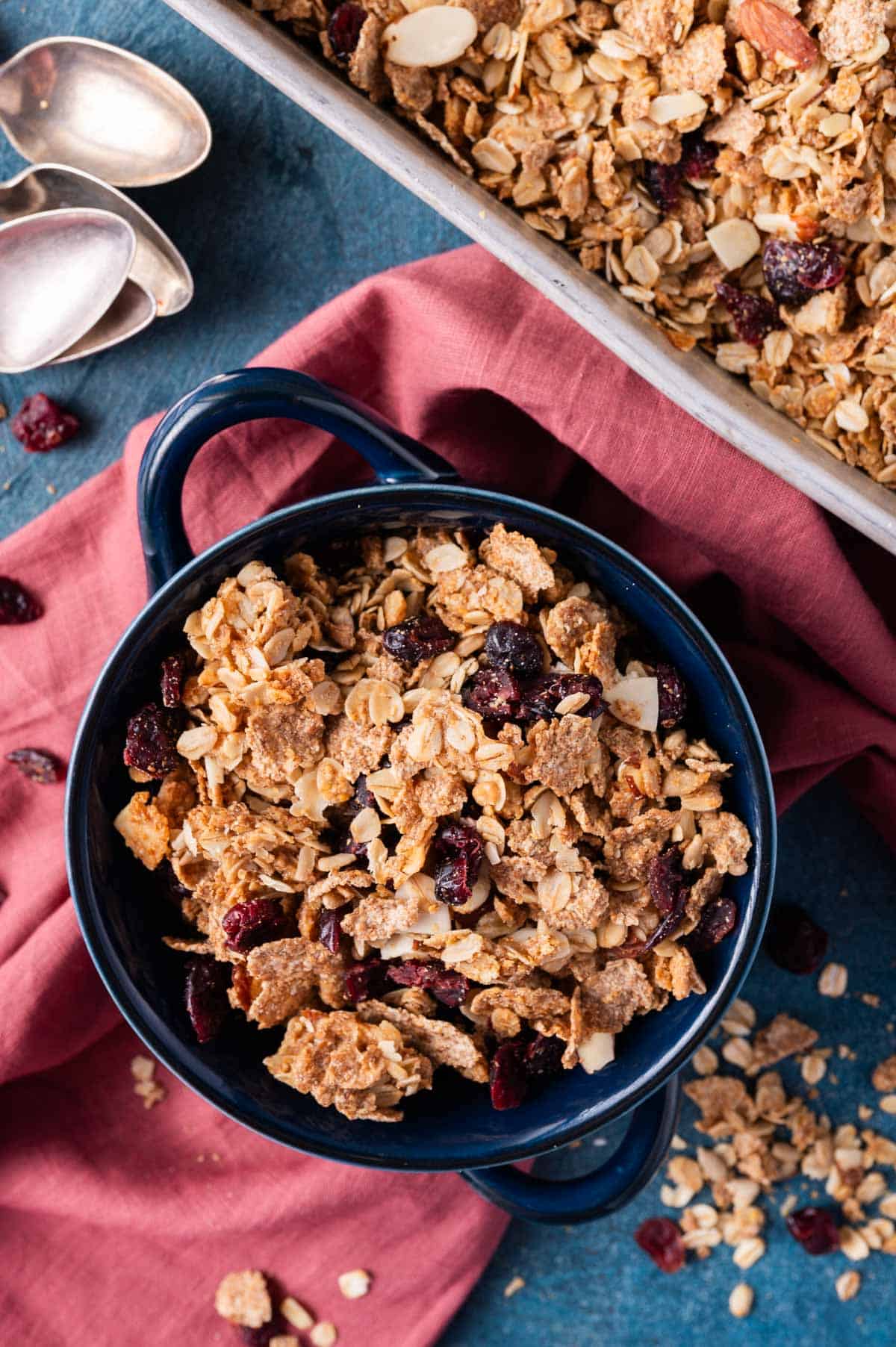 a bowl of brown sugar granola on a table